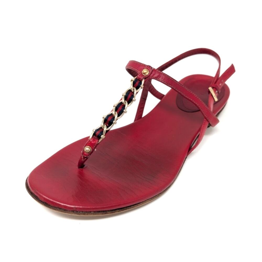 Gucci Red Leather T Strap Sandals Gold Chain Web 6B